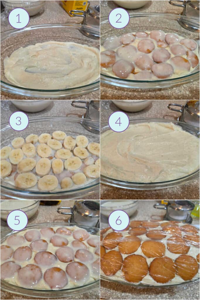 A collage of 6 images showing the layering of fluffy banana pudding components in a casserole dish.