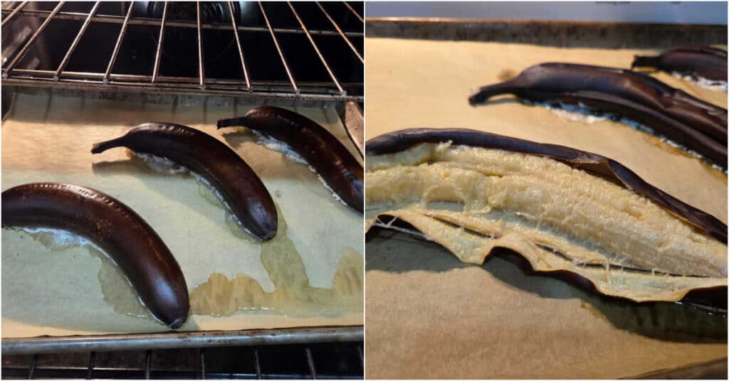 A collage of two images side by side. On the left are three, dark brown, roasted bananas on a sheet pan. The second photo shows one banana sliced open to reveal the roasted banana within the peel.