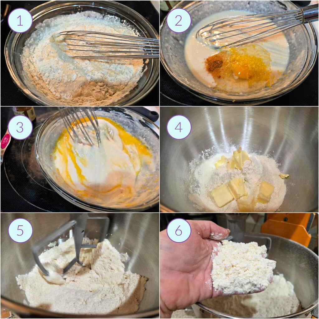 A collage of 6 images showing how to prepare houska dogh: whisking together the batter portion, cutting butter into flour in a stand mixer, and showing the texture of the butter/flour mixture before adding the batter.