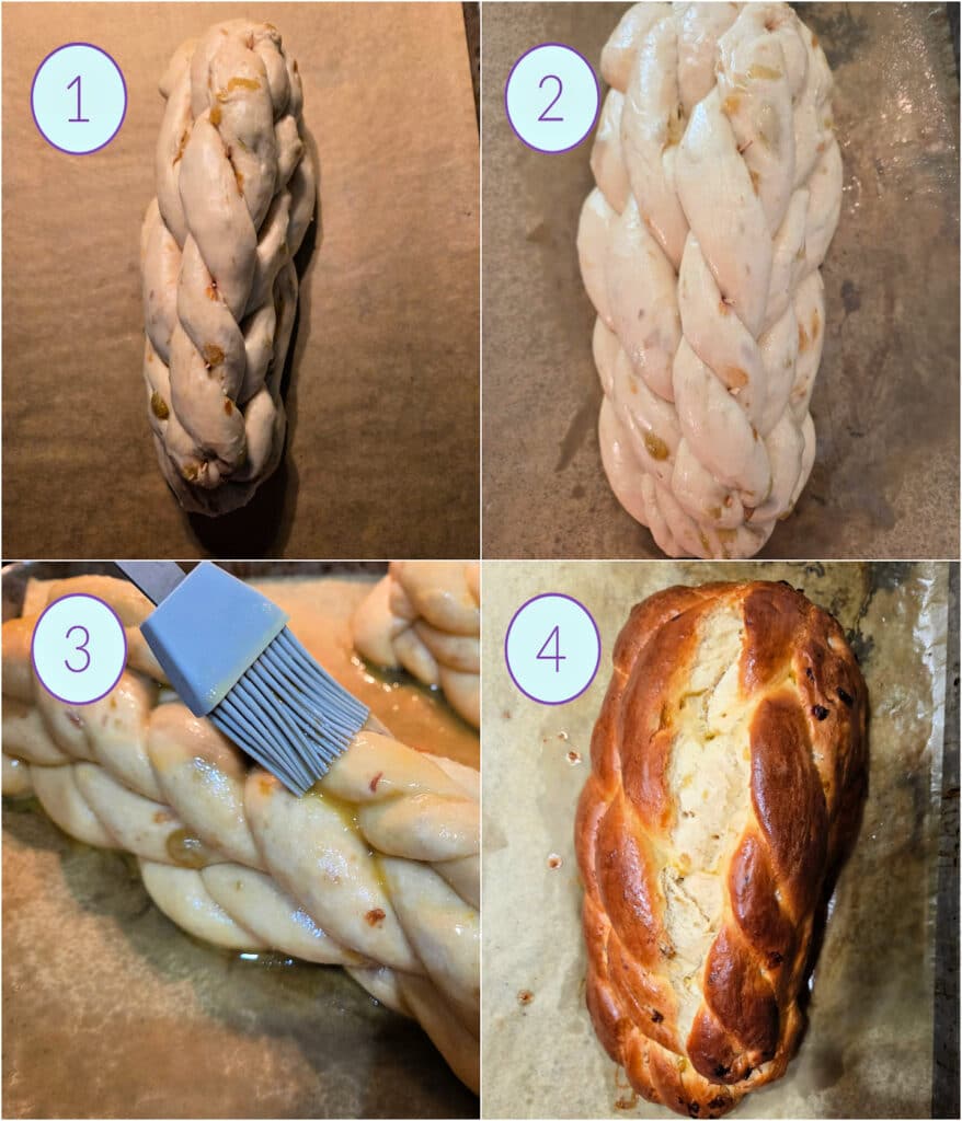 A collage of four images showing houska before rising, after rising, being brushed with egg wash and then after baking.