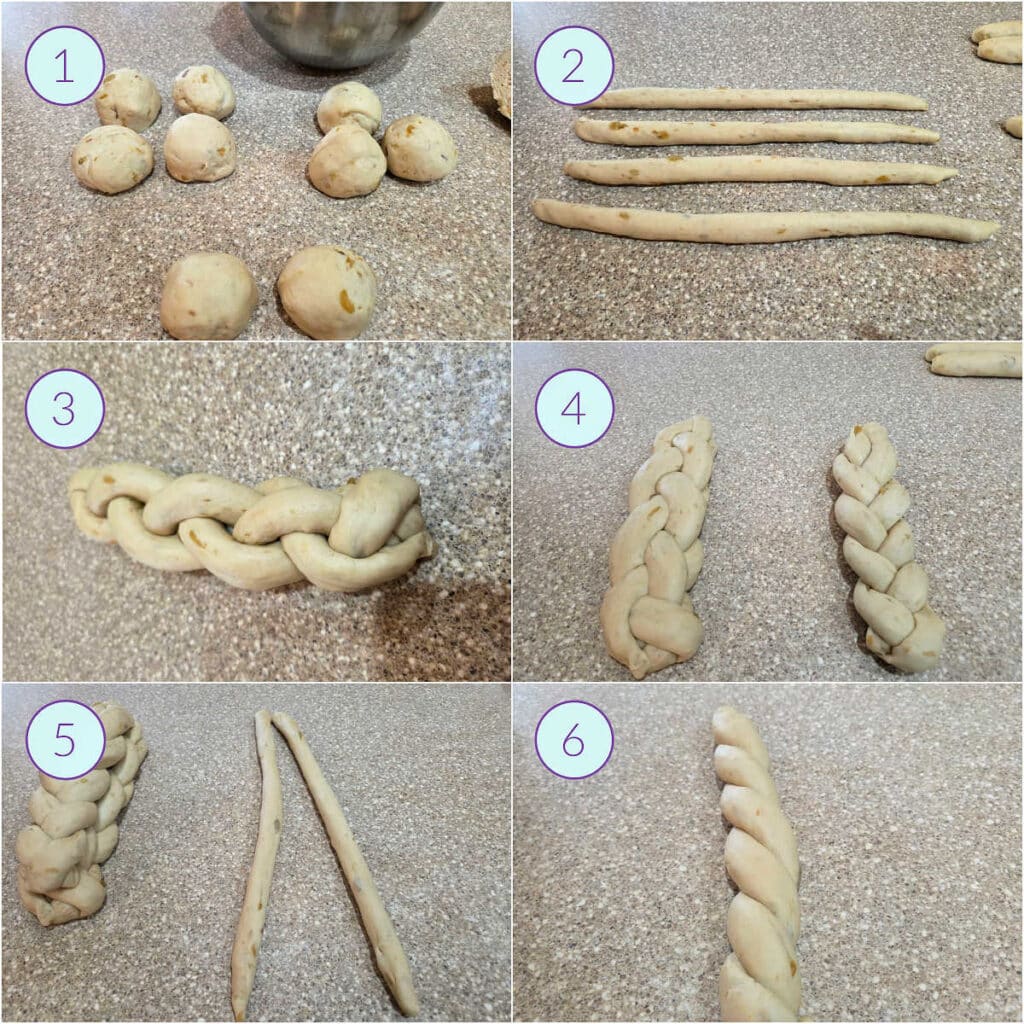 A collage of 6 images showing how to portion, roll, and braid the houska dough into three braids and then stack them on top of each other.