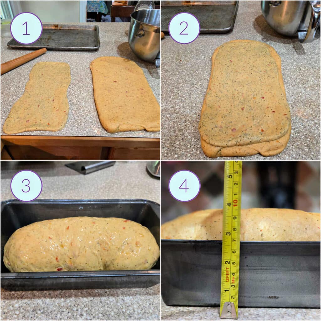A collage of four images showing how to integrate a pesto swirl into bread dough, shape the loaf, and let it rise in the pan.