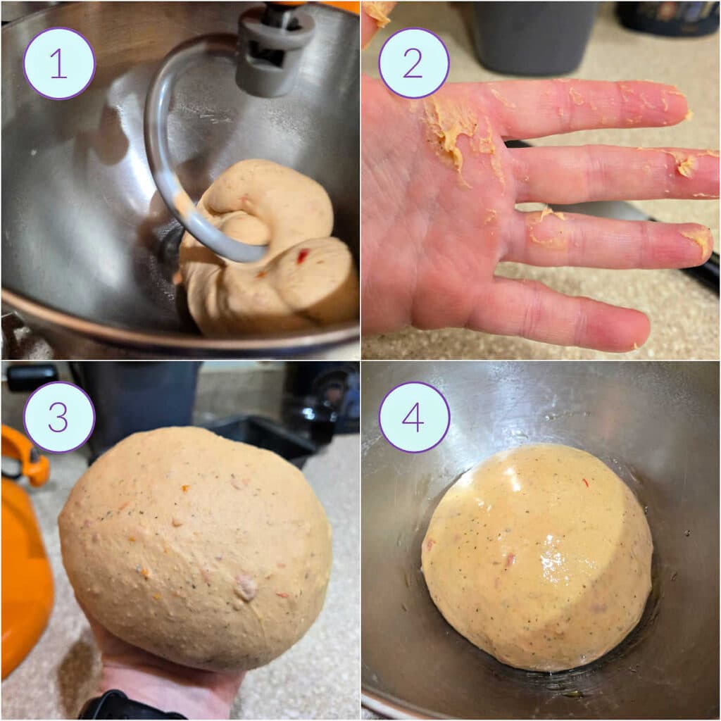 A collage of four images showing dough wrapped around the dough hook, a hand with just a little dough sticking to it, a rounded and shaped ball of dough in a hand, and the oiled ball of dough in the mixer bowl ready for first rise.