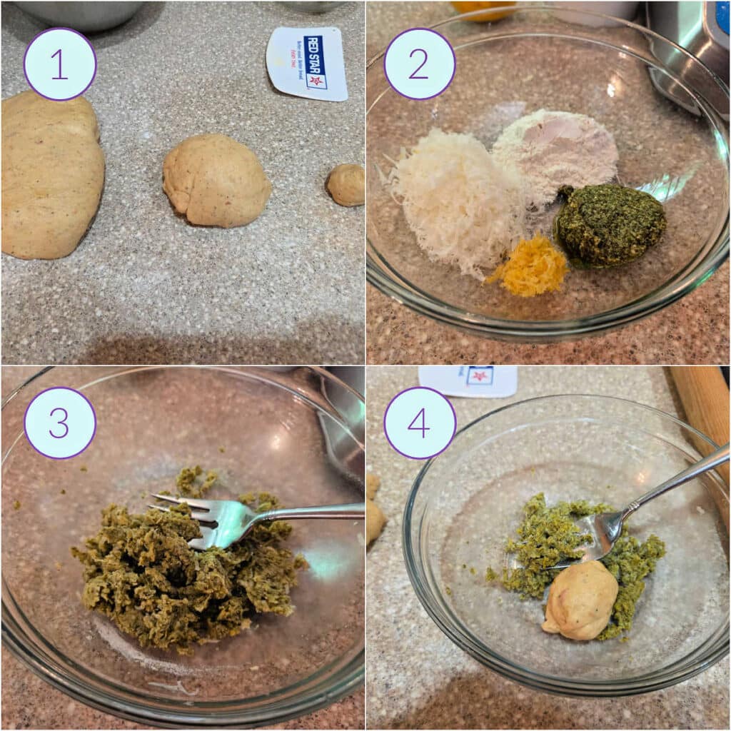 A collage of 4 images, one showing three balls of bread dough, one large, one medium, and one very small, the second shows pesto, lemon zest, flour, and Microplated Parmesan in a small bowl, the third shows those four ingredients mixed together, and the last image shows the mixed pesto ingredients in a bowl with the smallest portion of dough.