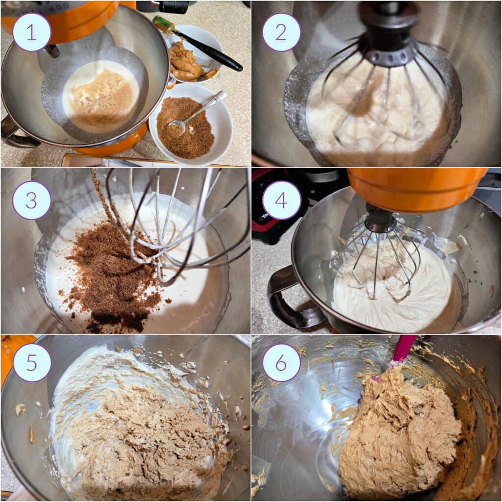A collage of 6 images showing the steps of whipping up peanut butter cloud pie filling.