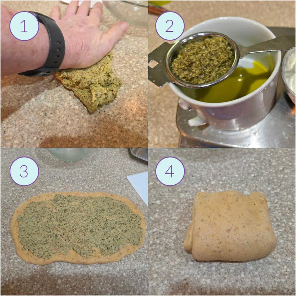 A collage of four images showing kneading a bit of dough into a pesto mixture, pesto draining in a tea strainer, the pesto mixture spread onto a thin rectangle of dough, and then that dough folded in thirds and then over in half to enclose the pesto for lamination,.