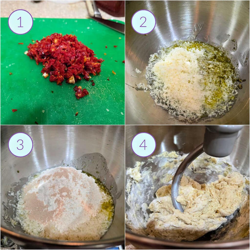 A collage of four images showing minced sun-dried tomatoes, all the ingredients for this bread in the mixer bowl and the start of mixing a shaggy dough.