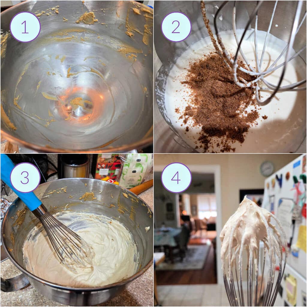 A collage of four images showing how to make the topping for peanut butter cloud pie in the same bowl used for the filling.