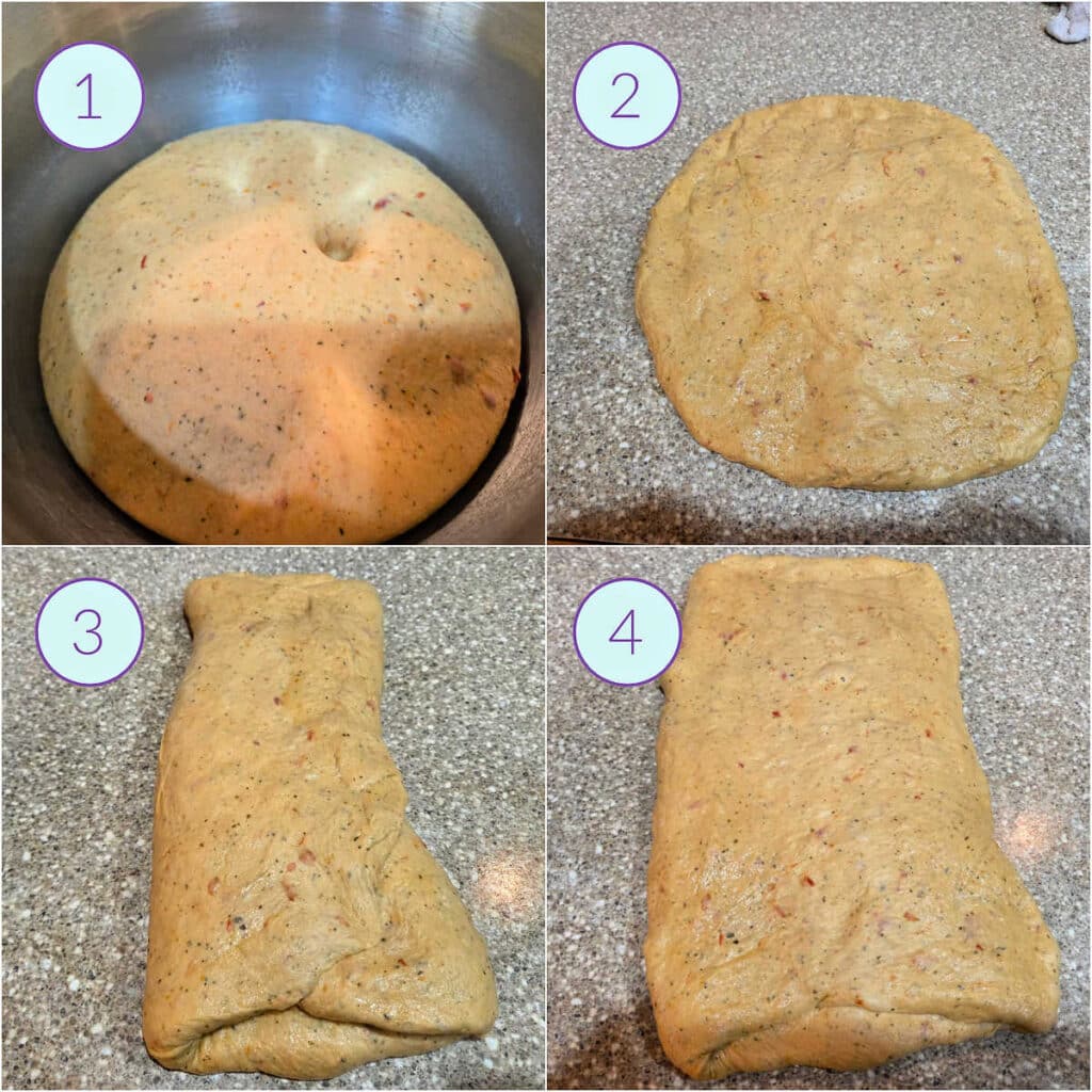 A collage of 4 images showing fully proofed bread dough in a mixing bowl, the dough pressed out into a rectangle, then given a letter fold. The last photo shows the rectangle of dough pressed a bit wider in preparation for rolling the dough into a loaf.