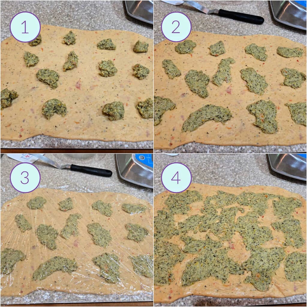 A collage of four images showing how to distribute dots of the pesto dough onto a thin sheet of plain dough to spread out for even coverage.