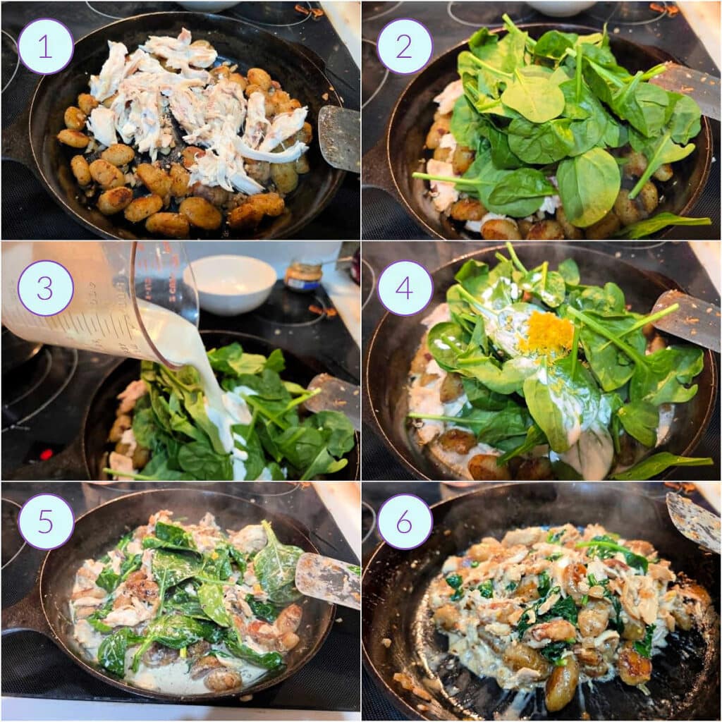 Step-by-step collage showing chicken, spinach, cream, and lemon being added to pan-roasted gnocchi to finish the sauce.
