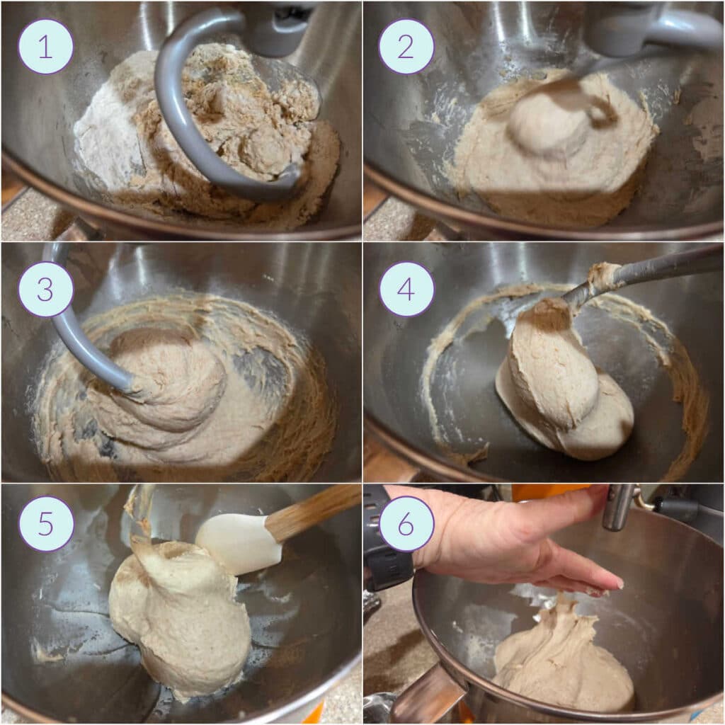 A collage of 6 images showing how roll ingredients come together into a cohesive dough after kneading.