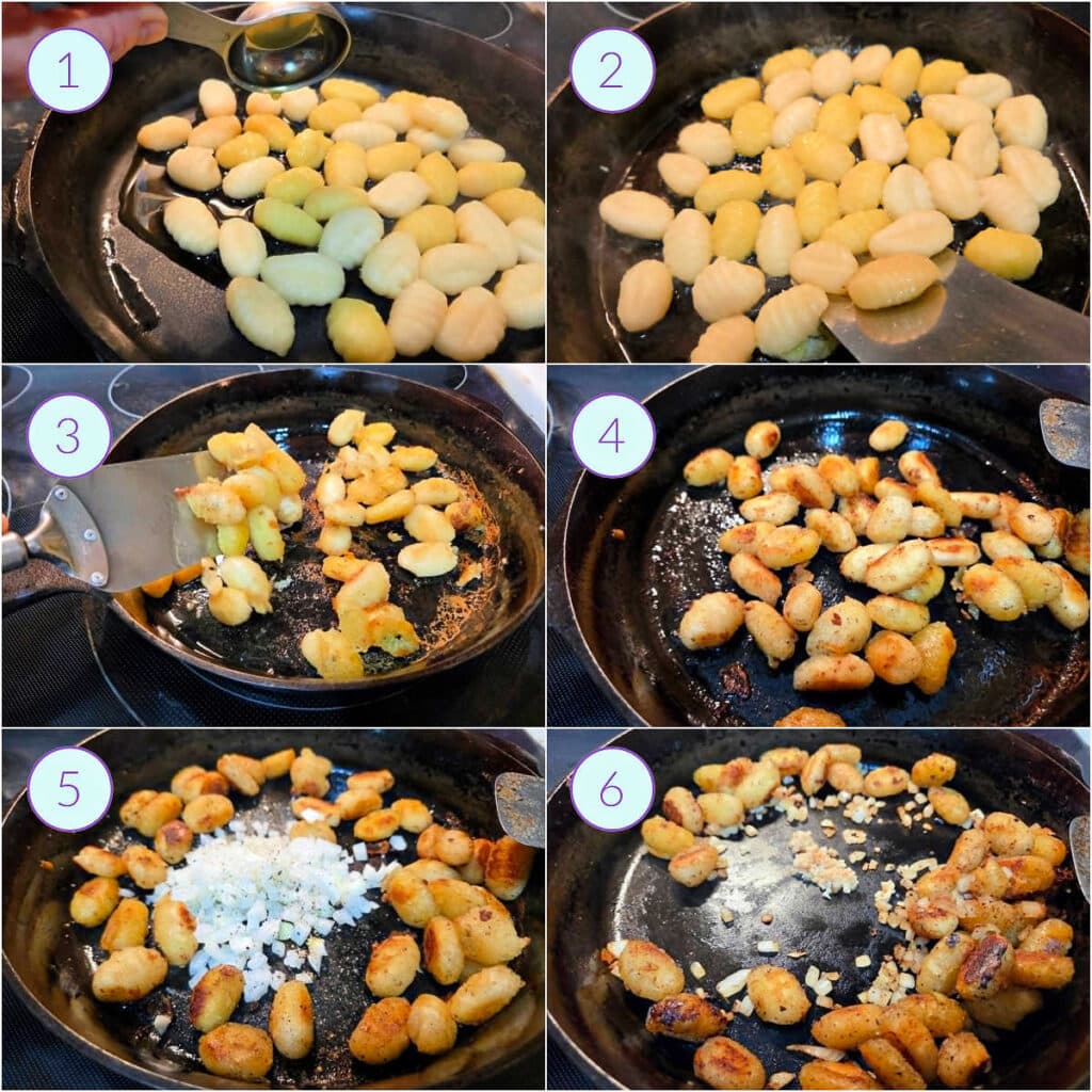 Step-by-step collage showing gnocchi being pan-fried in olive oil until golden brown before adding onion and garlic.