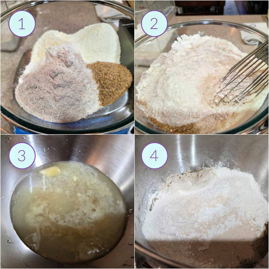 A collage of 4 images showing how to add the ingredients to the mixing bowl to make honey wheat roll dough.