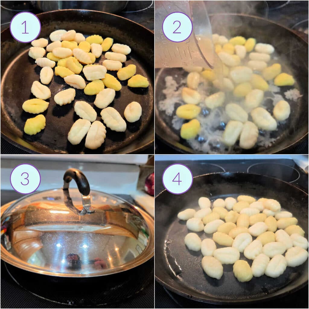 Step-by-step collage showing how to steam gnocchi in chicken stock before pan-roasting.