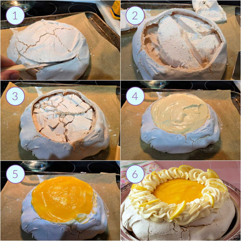 A collage of 6 images showing how to slice the top crust off a pavlova shell, how to fill and decorate it for serving.