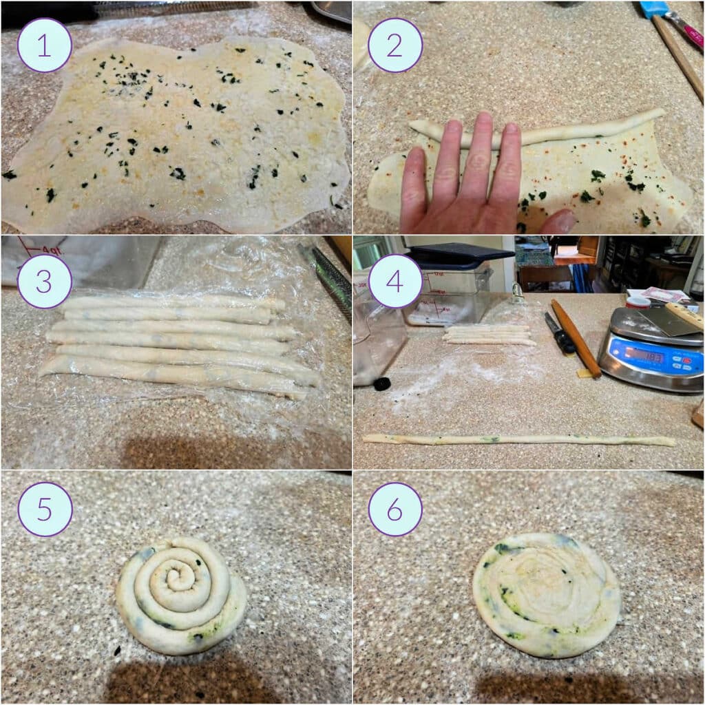 A collage of images showing how to build in tons of flaky layers into flatbread dough.