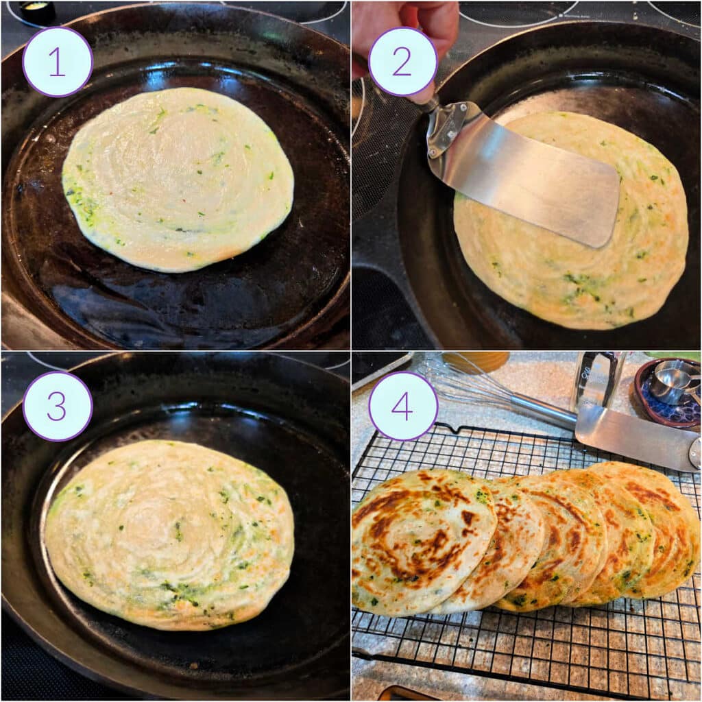 A collage of 4 images showing how to cook, press, and turn the flatbreads until they are golden brown.