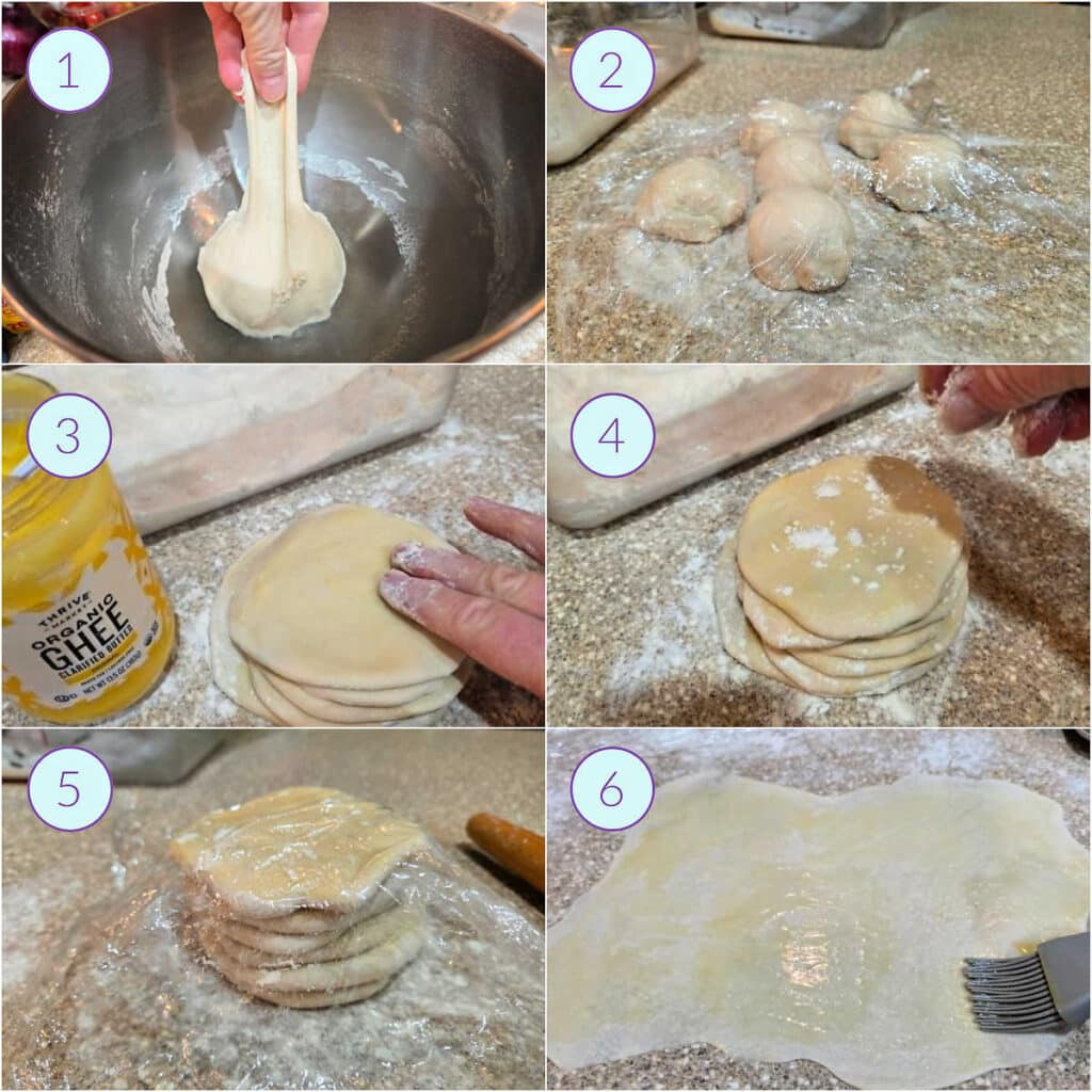 A collage of images showing how to start the shaping process for making flatbread.