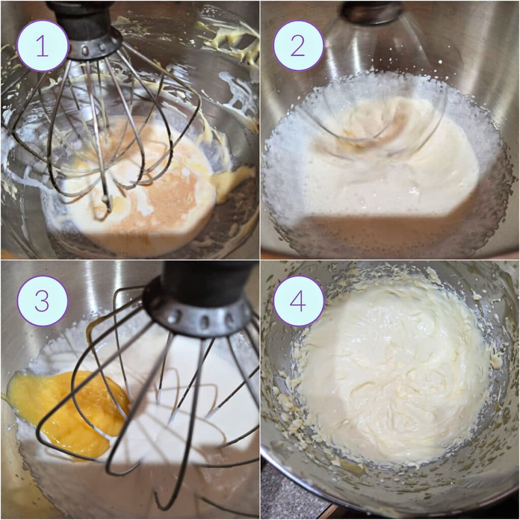 A collage of 4 images showing how to whip cream and lemon curd together for pavlova filling.