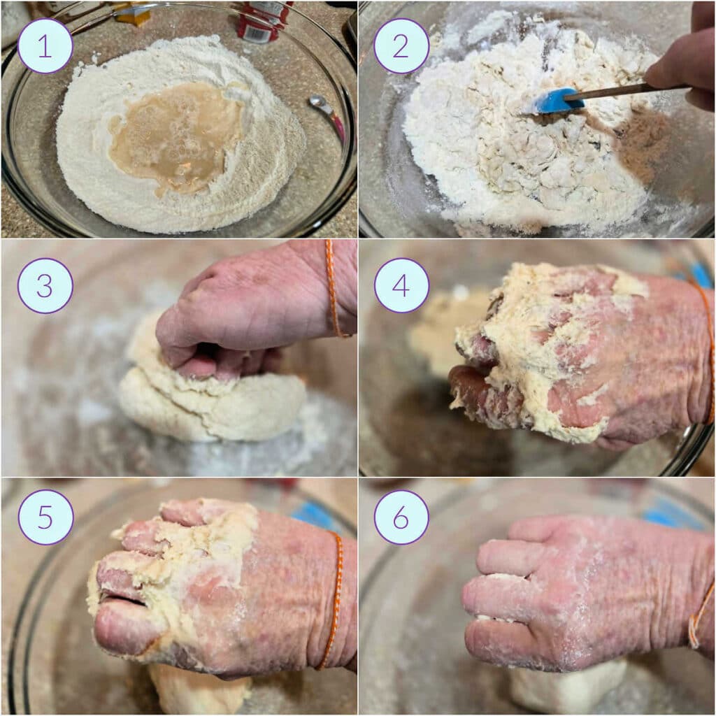 A collage of 6 images showing how to mix and knead flatbread dough by hand.