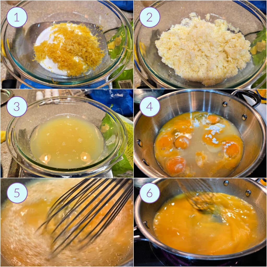A collage of 6 images showing how to make lemon sugar and use it to make a rich lemon curd.