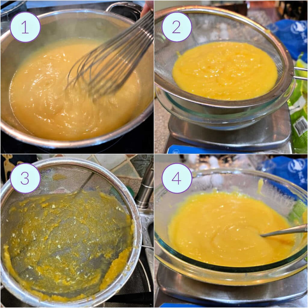 A collage of 4 images showing how to finish cooking and straining lemon curd.