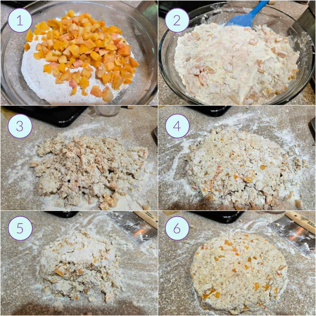 A collage of 6 images showing how to mise en place the components for streusel-topped peach scones.