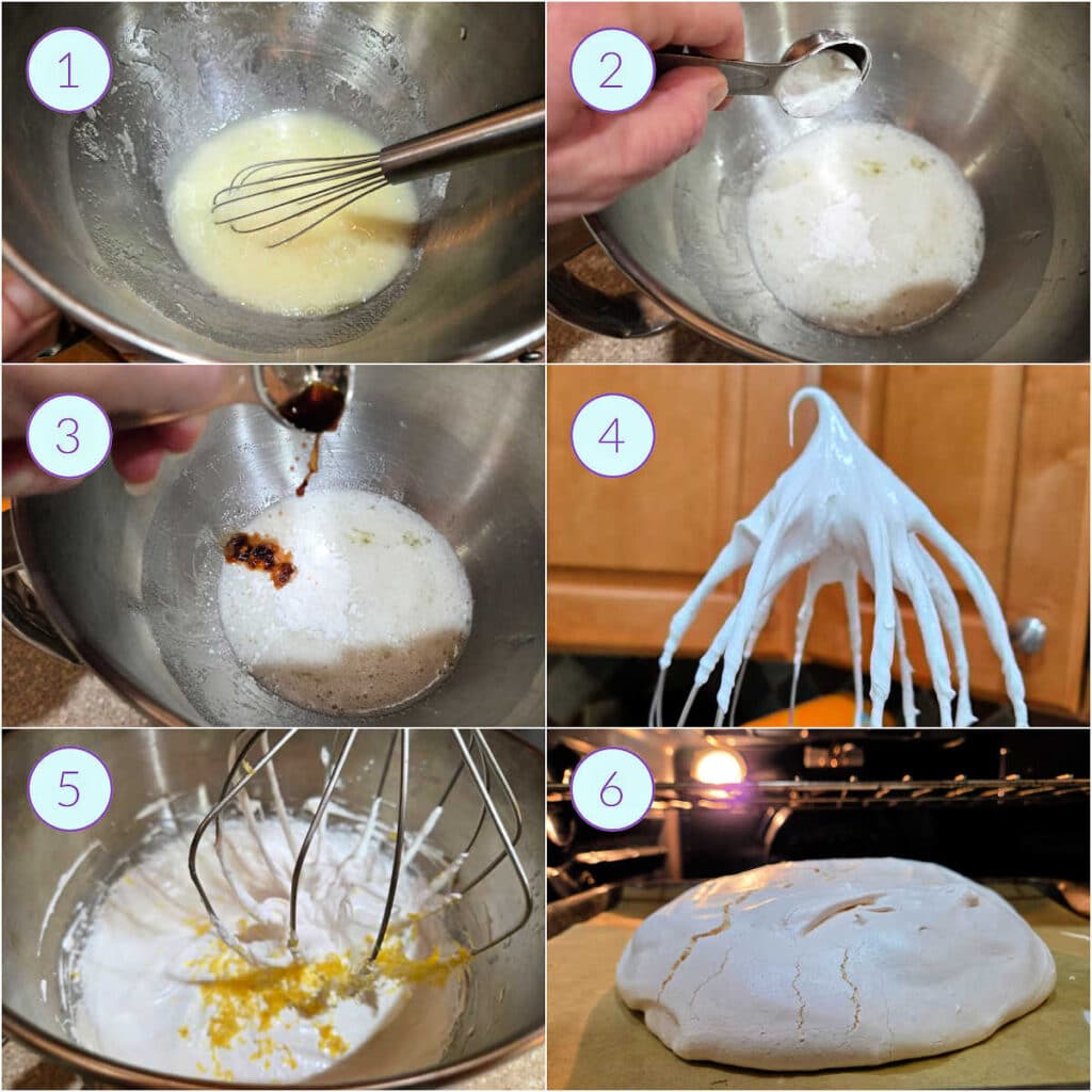 A collage of 6 images showing how to make and bake the meringue shell for Pavlova.