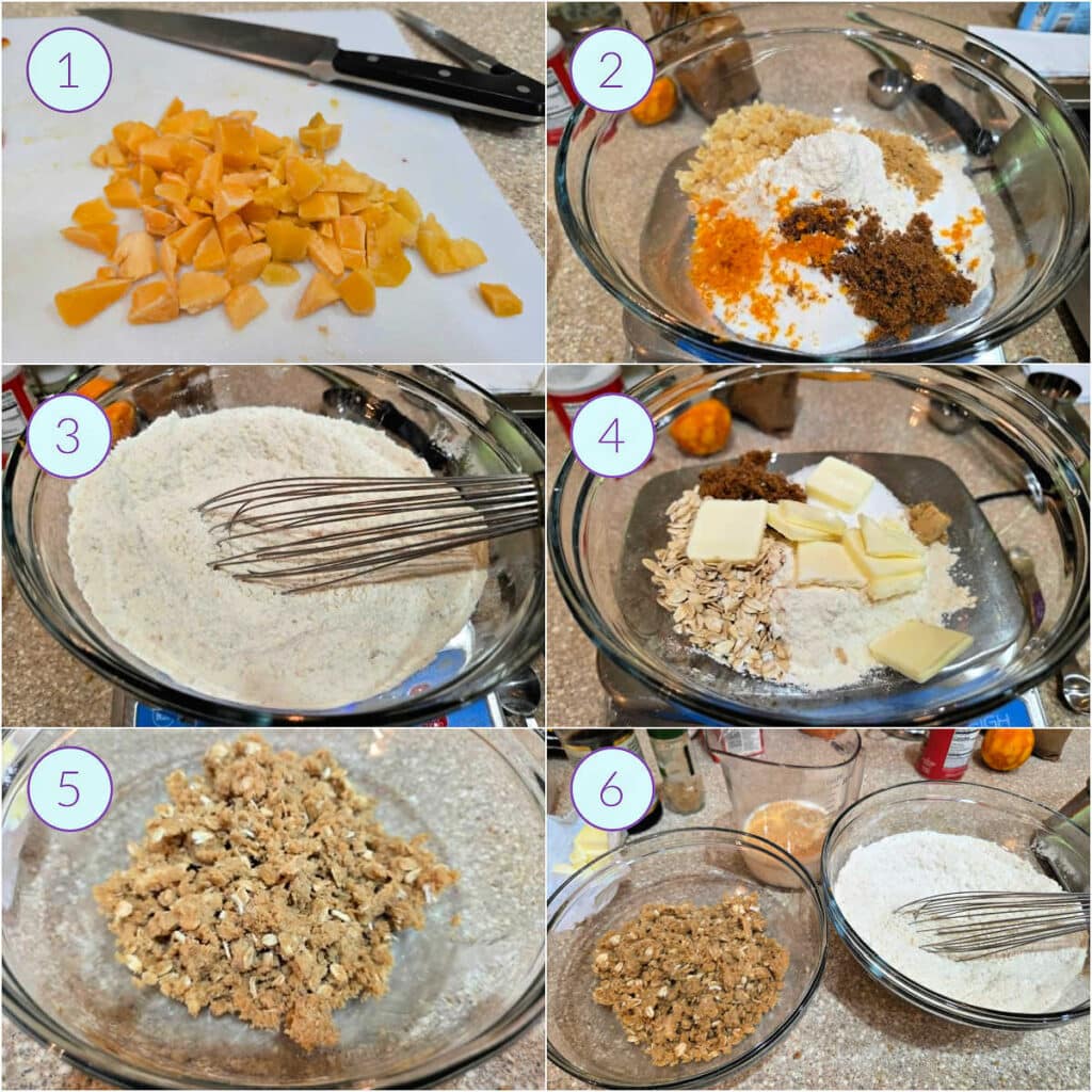 A collage of 6 images showing how to set up mise en place for streusel-topped scones.