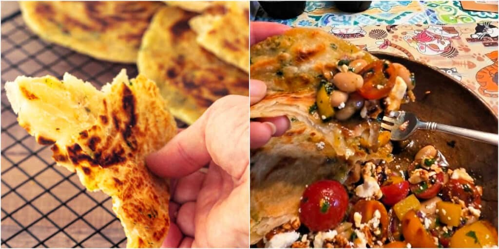Collage showing flaky layered skillet flatbread being pulled apart to reveal thin layers and used to scoop up a white bean, tomato, and feta salad.