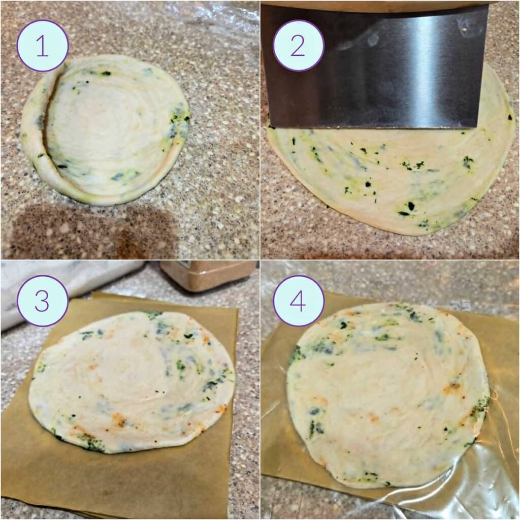 A collage of 4 images showing how to roll out the coiled flatbread dough and freeze it before cooking.