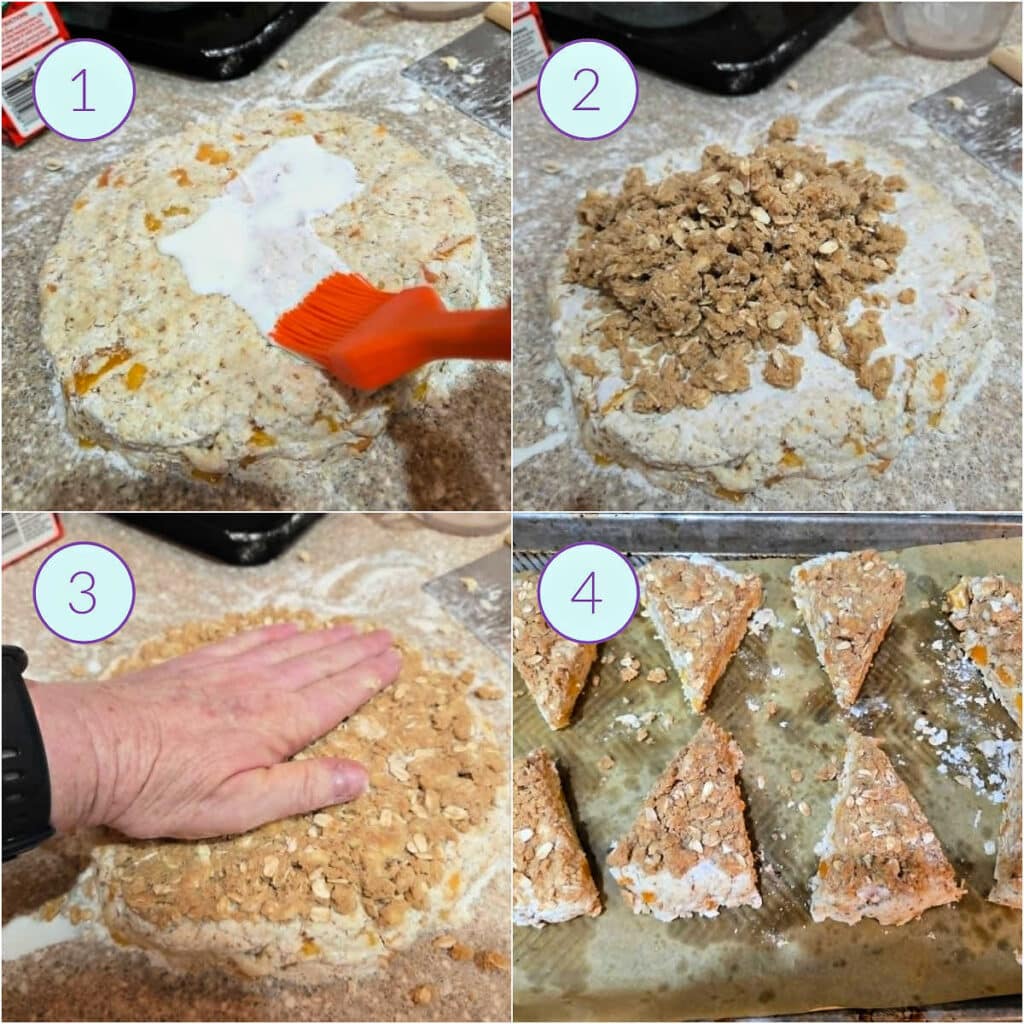 A collage of 4 images showing how to top scone dough with streusel and shape them before baking.
