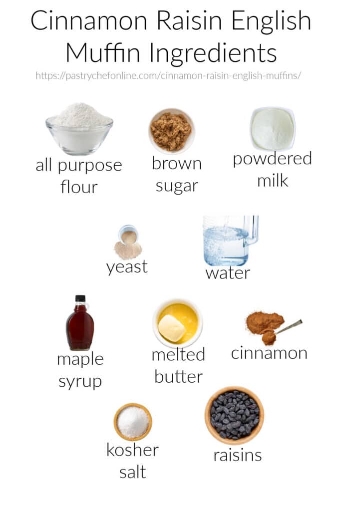 A labeled collage of all the ingredients needed to make cinnamon raisin English muffins.