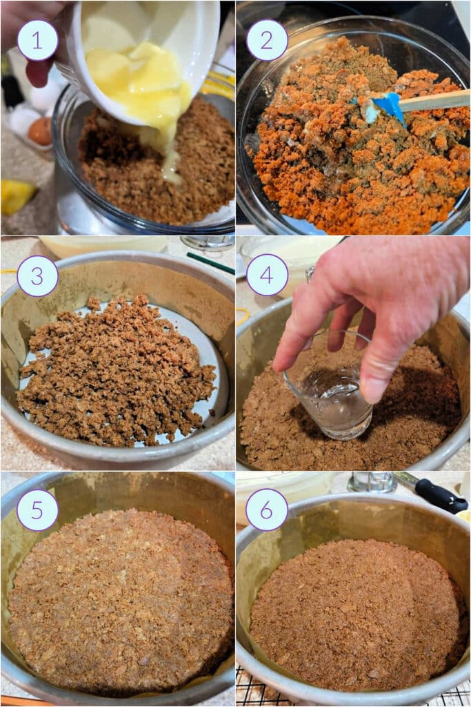 A collage of 6 images showing how to make graham cracker crust and how to line a push pan with it.