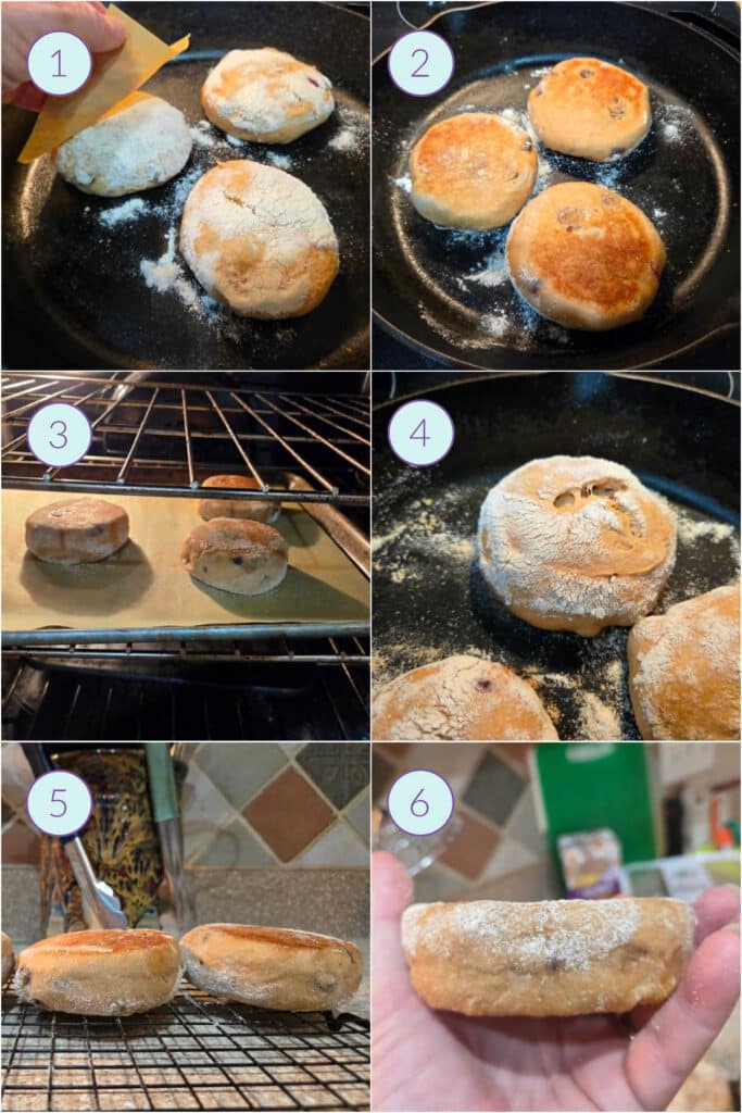 A collage of 6 images showing how to start cooking English muffins on the stovetop and finish them in the oven.
