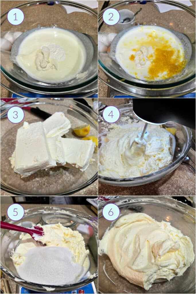 A collage of 6 images showing how to start making cheesecake batter.