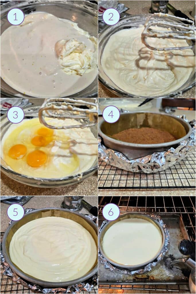 A collage of 6 images showing how to finish the cheesecake batter and fill the crust.
