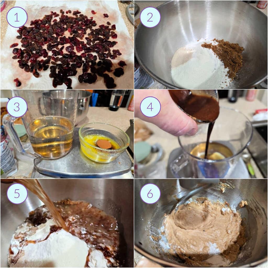 A collage of 6 images showing how to make dough for cinnamon raisin English muffins.