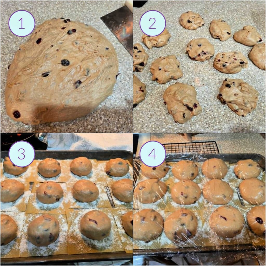 A collage of 4 images showing how to shape very soft English muffin dough into individual muffins that will rise evenly.
