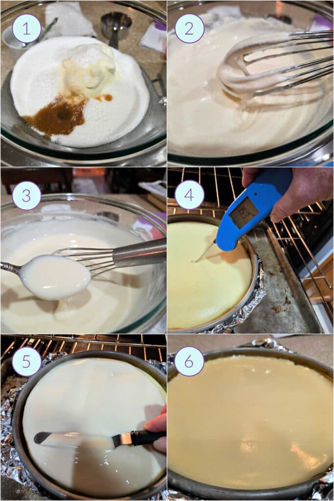 A collage of 6 images showing how to make and top a cheesecake with sour cream topping.
