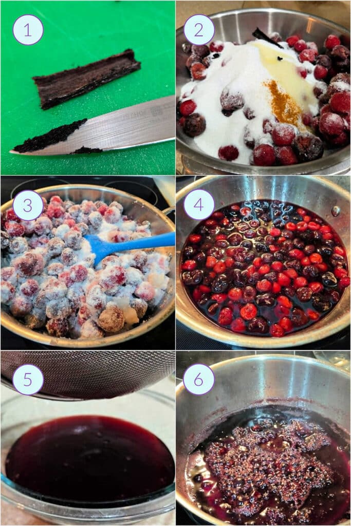 A collage of 6 images showing how to macerate and then cook fruit to make cherry pie preserves.