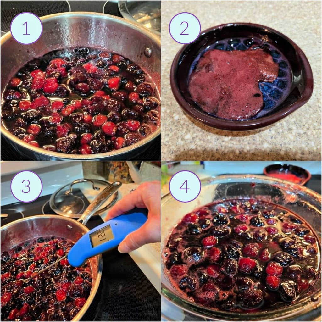 A collage for four images showing the last steps of turning cherries into cherry pie preserves.