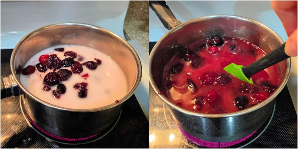 A collage of two images showing adding a cornstarch and water slurry to cherry pie preserves and cooking them to thicken.