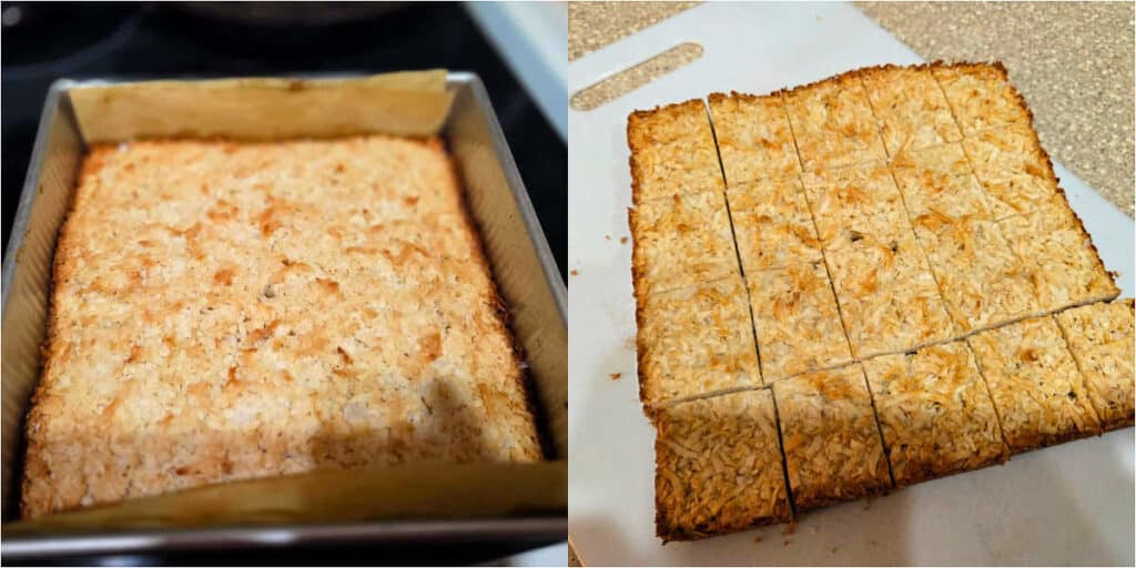 A collage of two images showing the baked, golden brown peanut butter coconut bars and the bars cleanly sliced after refrigerating.