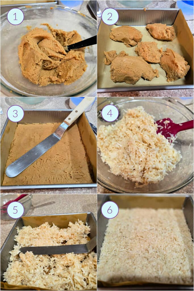 A collage of 6 images showing how to evenly layer coconut macaroon batter on top of peanut butter cookie dough to make peanut butter coconut bars.