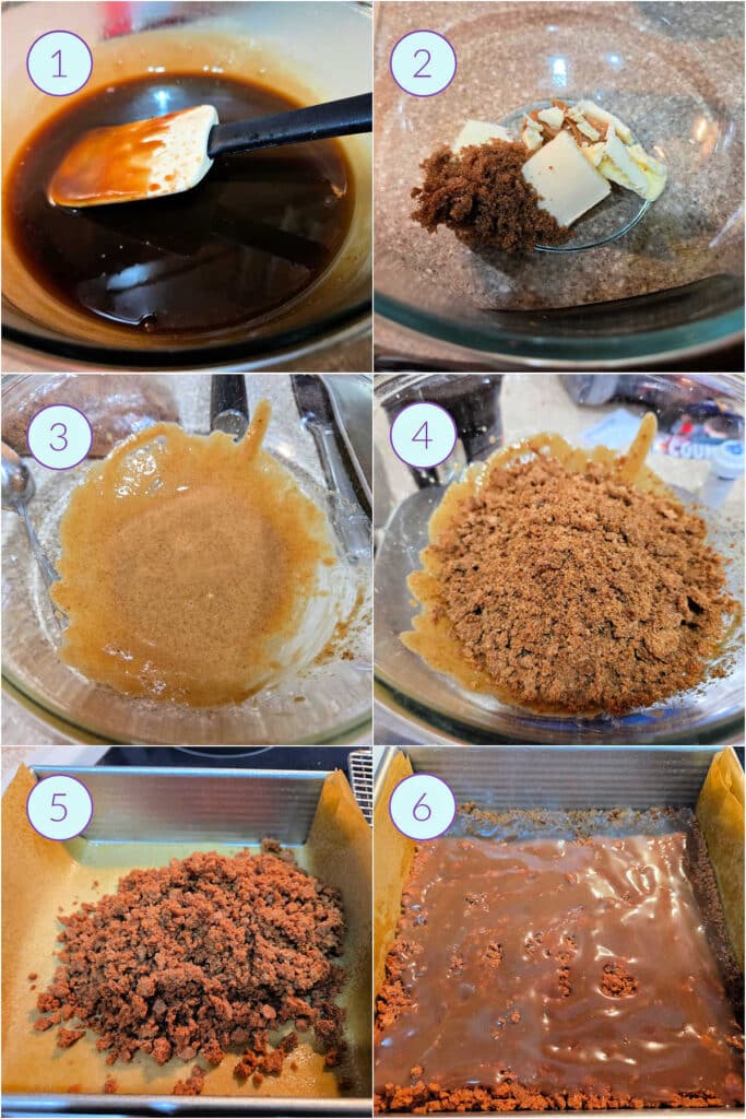 A collage of 6 images showing how to make the crust for peanut butter butterscotch 7-layer bars.