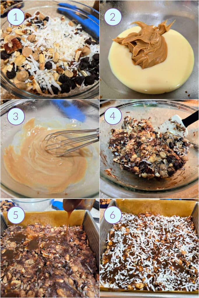 A collage of 6 images showing how to mix the sweetened condensed milk/peanut butter base and build the filling for the Hello Dolly bars.