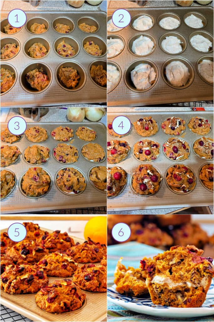 A collage of 6 images showing how to put muffin batter and a swirl into muffin tins so the muffins bake up with a beautiful swirl in the middle.