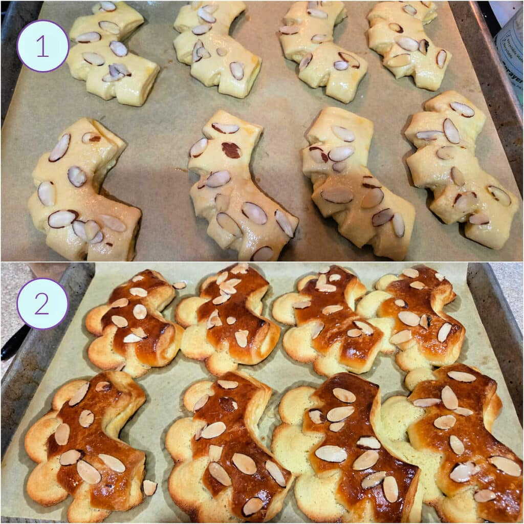 A collage of two images, one of unbaked bear claws sprinkled with sliced almonds before baking, and the other of deeply browned baked bear claws with some almond filling leaked out between the "toes" of the pastries.